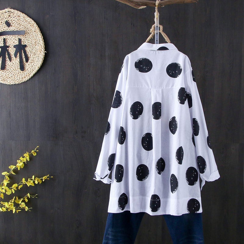 Minibee Women's Button Down Tunic Tops Polka Blouse Cotton Shirts White 2XL - Image 2